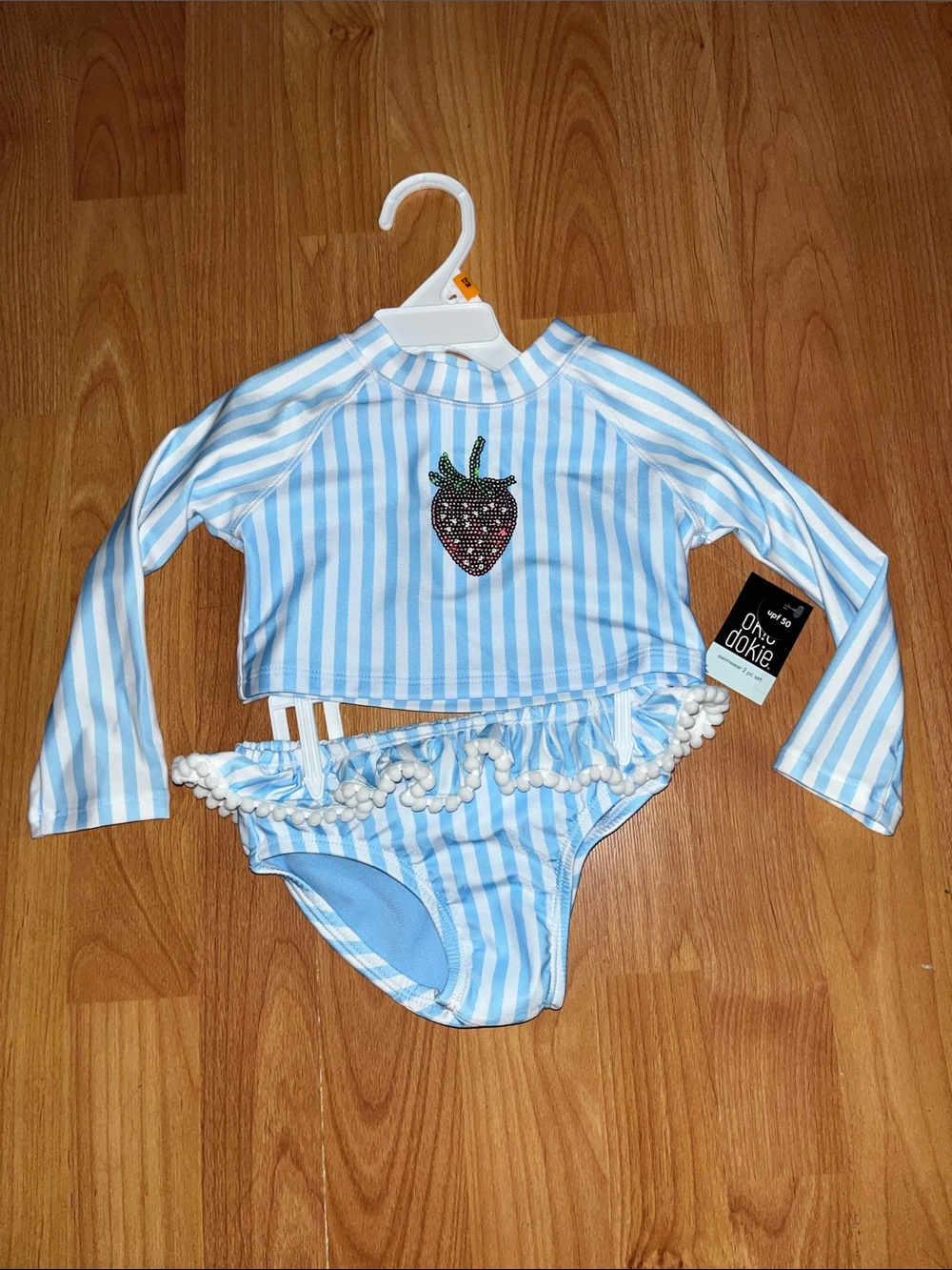 Okie Dokie Blue Stripe Girls' Long-Sleeve Rash Guard Swim Set with Strawberry